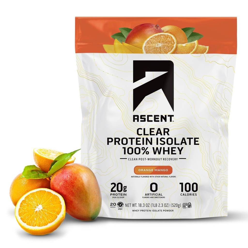 Aspect 100% Przezroczysty proszek z białka serwatki - Post Workout, Zero sztucznych zapachów i słodzików, Gluten Free, 5,5g BCAA, 2,1g Leucyna, Esential Amino Acids, Orange Mango, 20 Służenia