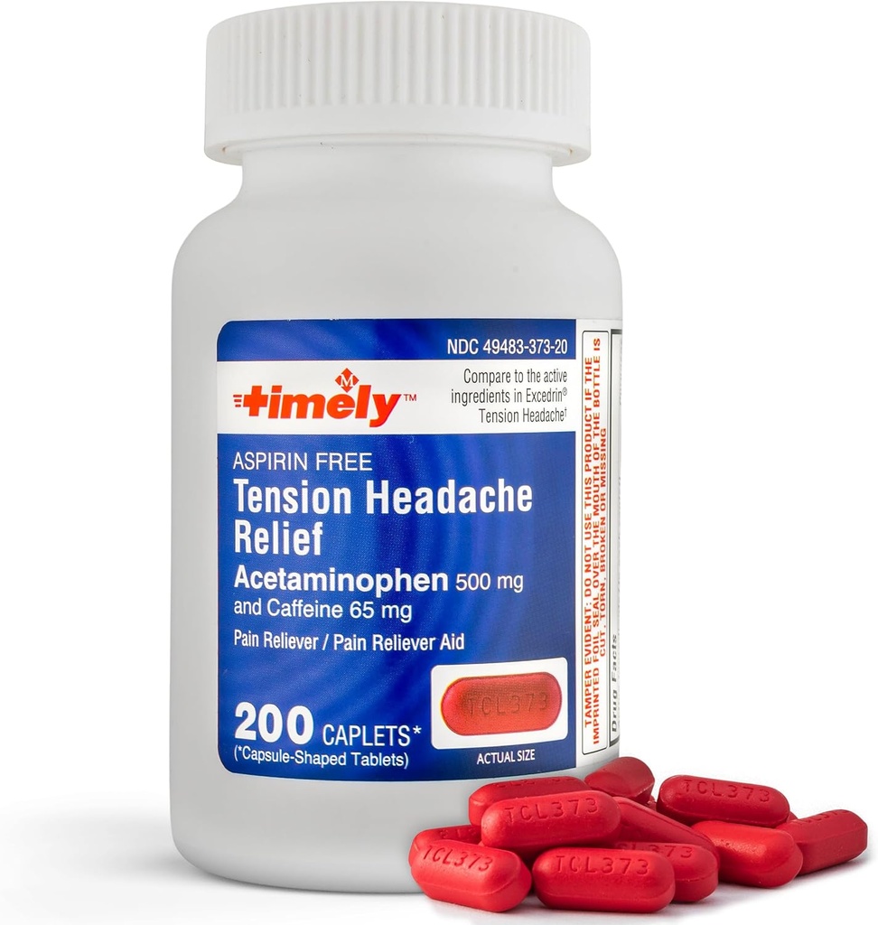 Timely - 200 Caplets - Tension Headache and Pain Reliever with Acetaminophen 500 mg and Caffeine 65 mg Extra Strength for Head, Neck, Shoulder and Body Pain Reliever, Aspirin Free - Made in USA