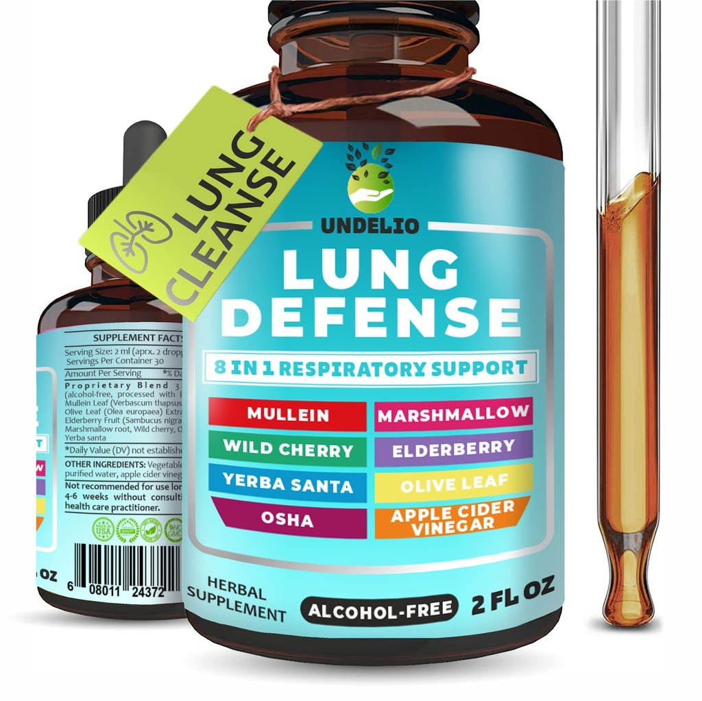 8 in 1 Lung Defense Herbal Extract, Blend (Mullein- Marshmallow- OSHA- Wild Cherry- Elderberry- Yerba Santa- Olive Briti- ACV) Lung Cleanse, Wsparcie układu oddechowego i immunologicznego. Suplement płynny 2 OZ