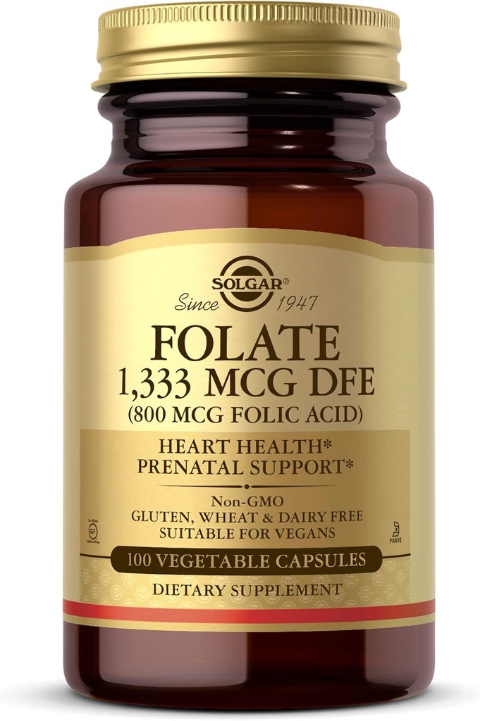 Solgar Folate 1,333 µg Ekwiwalent dietetyczny kwasu foliowego (800 µg), 100 Kapsułki roślinne - Zdrowie serca, Zdrowy system nerwowy, Wsparcie dla prenatalnych - Non-GMO, Wegan, Gluten Free - 100 Sługi
