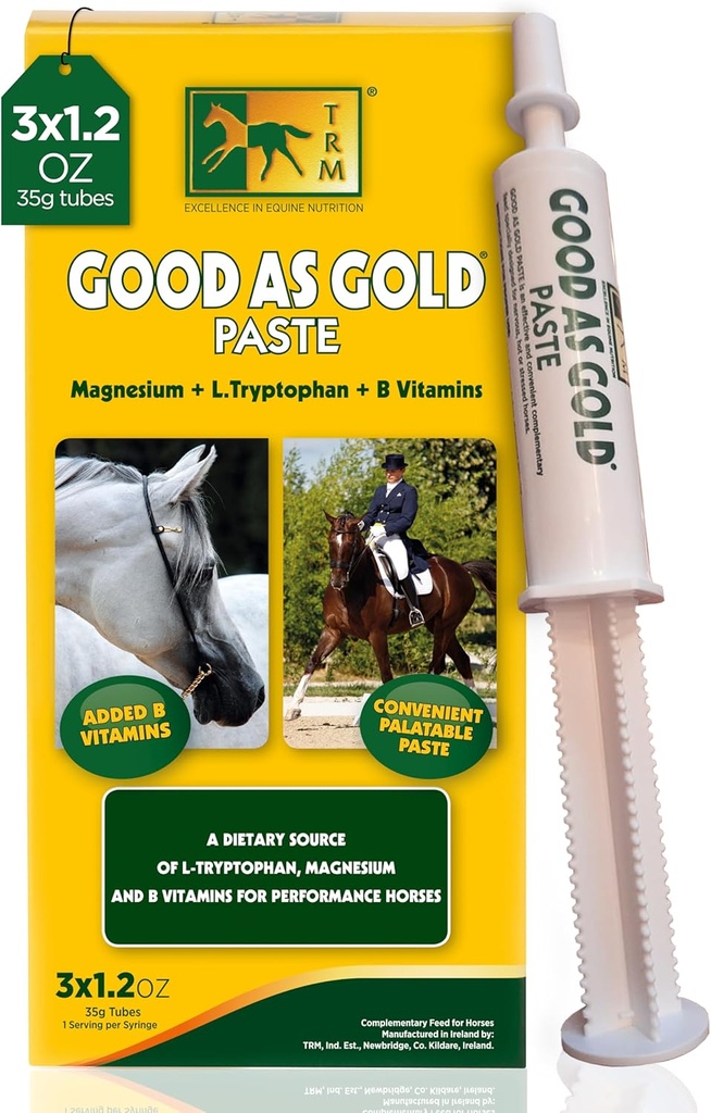 TRM Good as Gold Equine Calming Supplement Paste for Relaxation and Focus Relaxation 124; Tryptofan, Magnezu, Witaminy B - 3 Qty x 1,23 oz (3 Qty x 35g) - 3 Qty x 1,23 oz