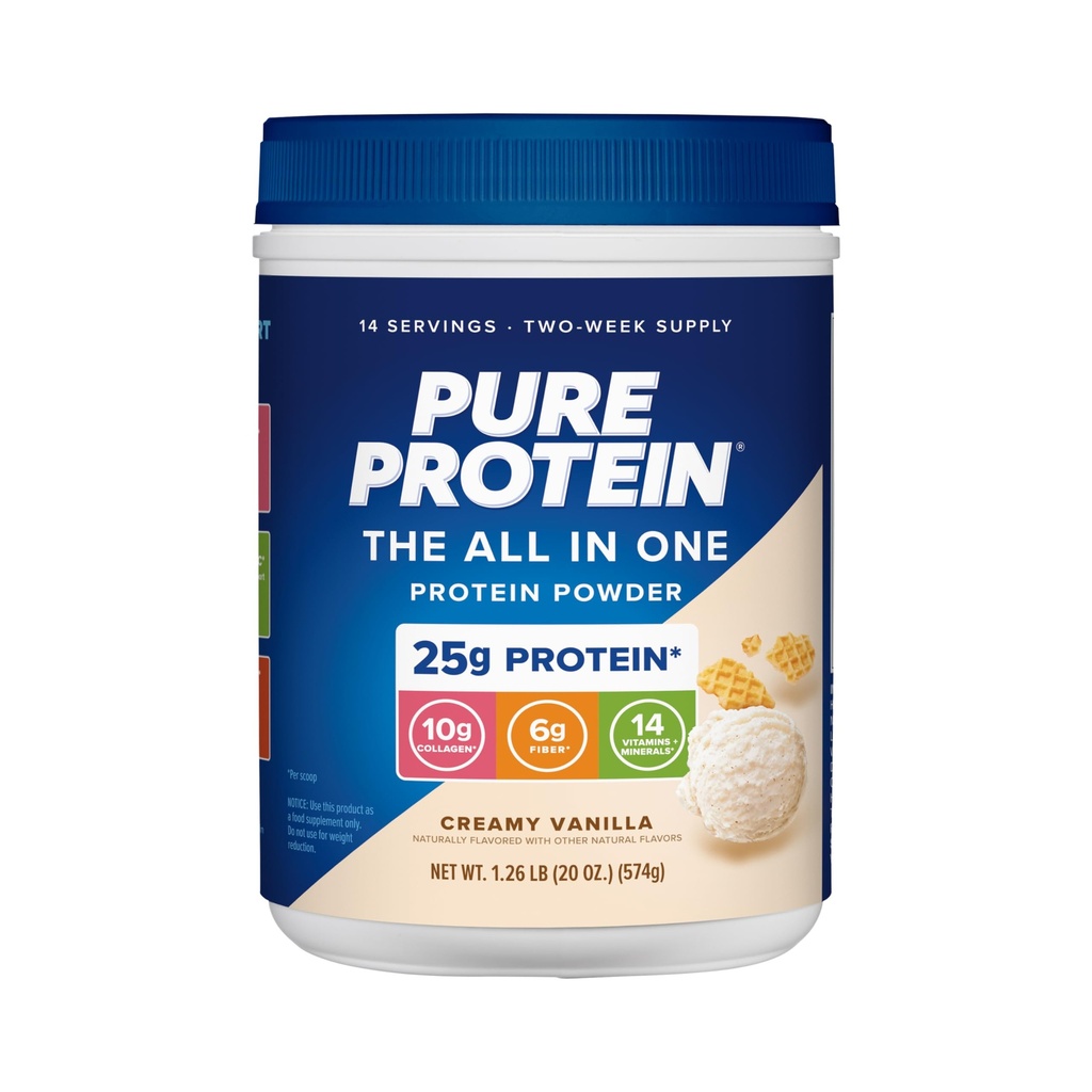 Pure Protein All- In- One Powder, Vanilla - Serwatka i Kolagen, Wysokie włókno, Witaminy, Nie dodawany cukier, Nie-GMO, Gluten- Free, 1.25lb