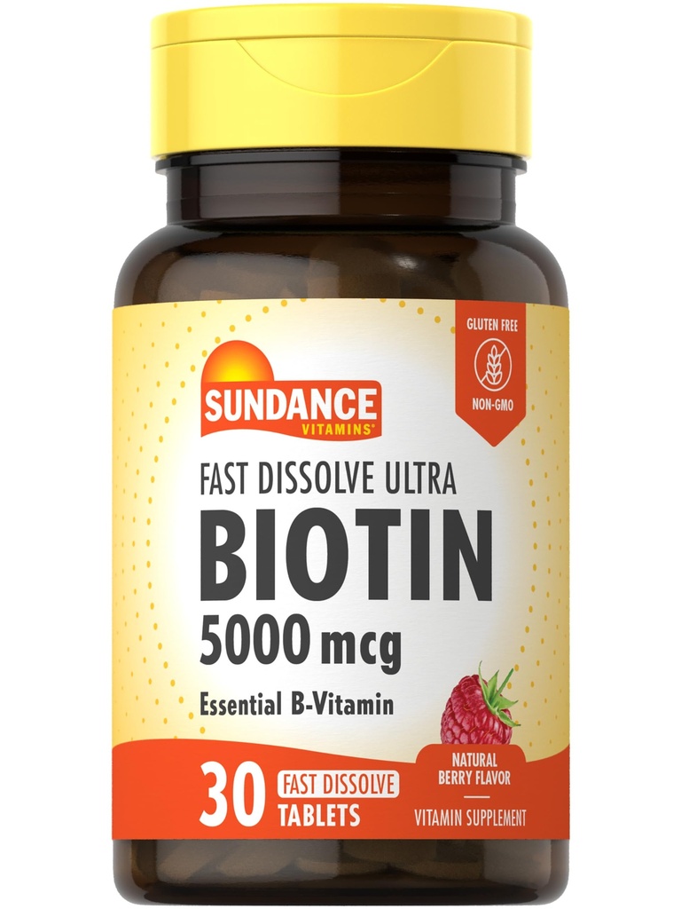Sundance Fast Rozpuścić Biotin 5000mcg do 124; 30 Tabletki do 124; Esential B- Witamina do 124; Natural Berry Flavor do 124; Wegetariański, Non-GMO, i gluten suplement wolny