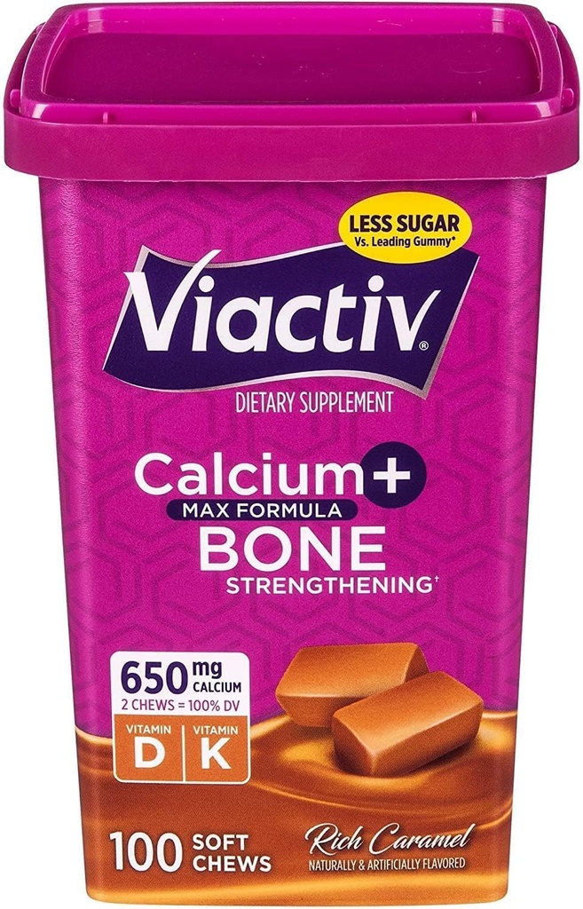 Viactiv Max Formuła Wapnia + suplement witaminy D3 dla zdrowia kości, bogaty karmel, 100 Miękkich żuć