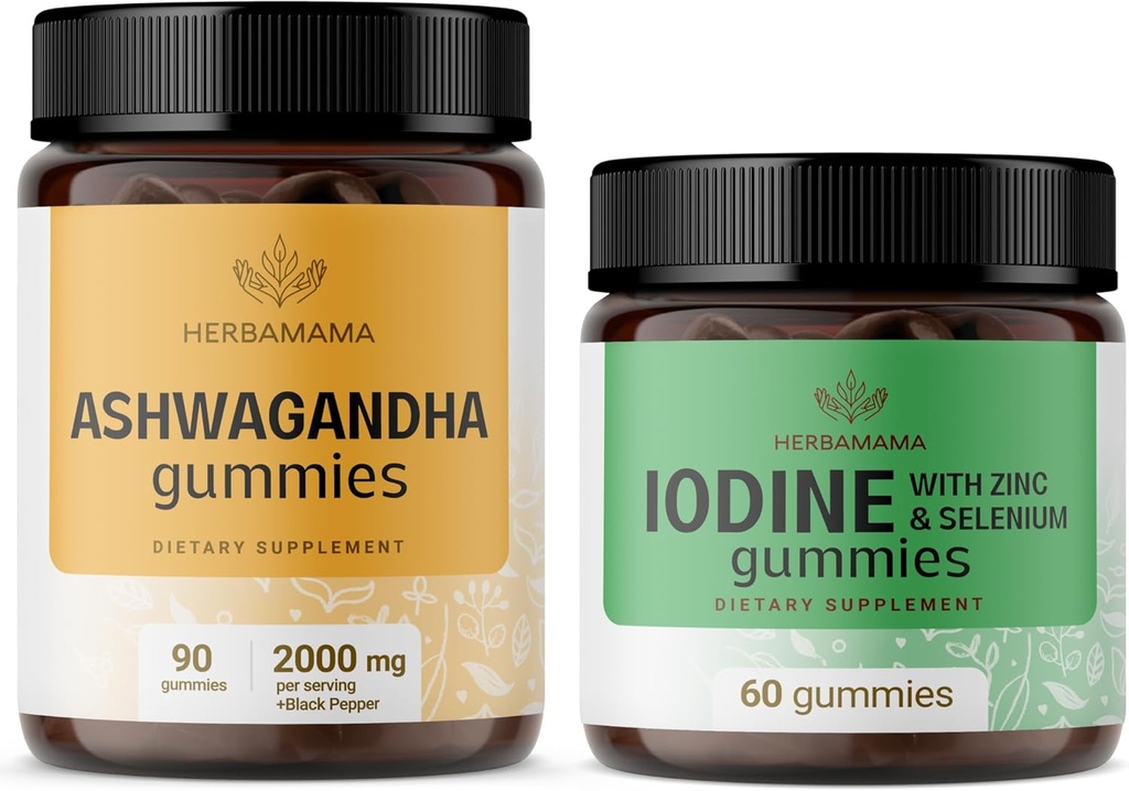 HERBAMAMA Ashwagandha and Iodine Kit - Bundle of 2000 mg Ashwagandha Root & Potasu Jod, Cynk i Selenium Gummies - Vegan, Non-GMO, Żelatyna - Wolny od - 2 opakowania