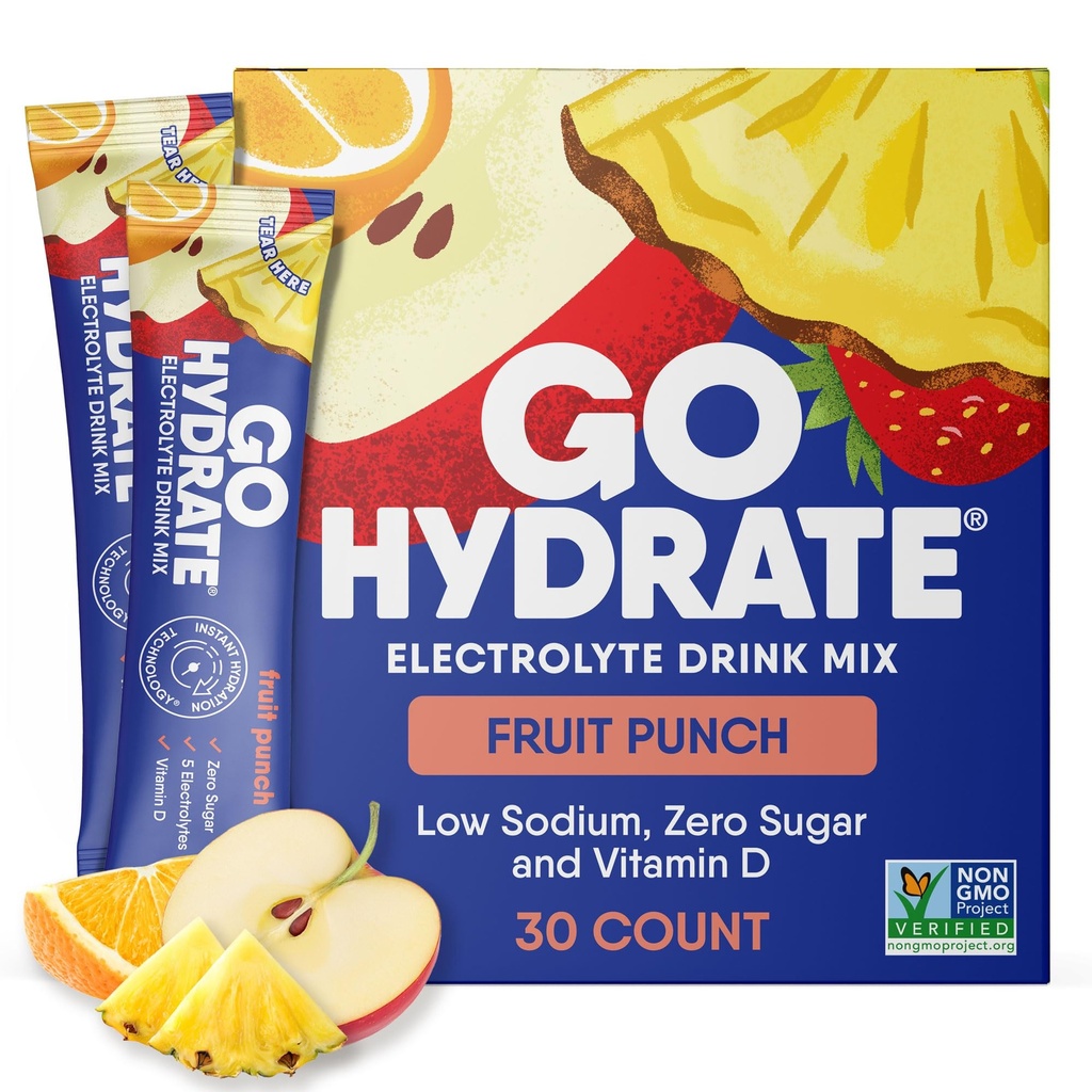 GoHydrate Instant Hydration w proszku Pakiety - Niski poziom elektrolitów sodu Drink Mix - Naturalne wsparcie nawadniania, Bez cukru Electrolyte aromatyzowany proszek Drink z witaminą D, 30 opakowań, Owoce Punch