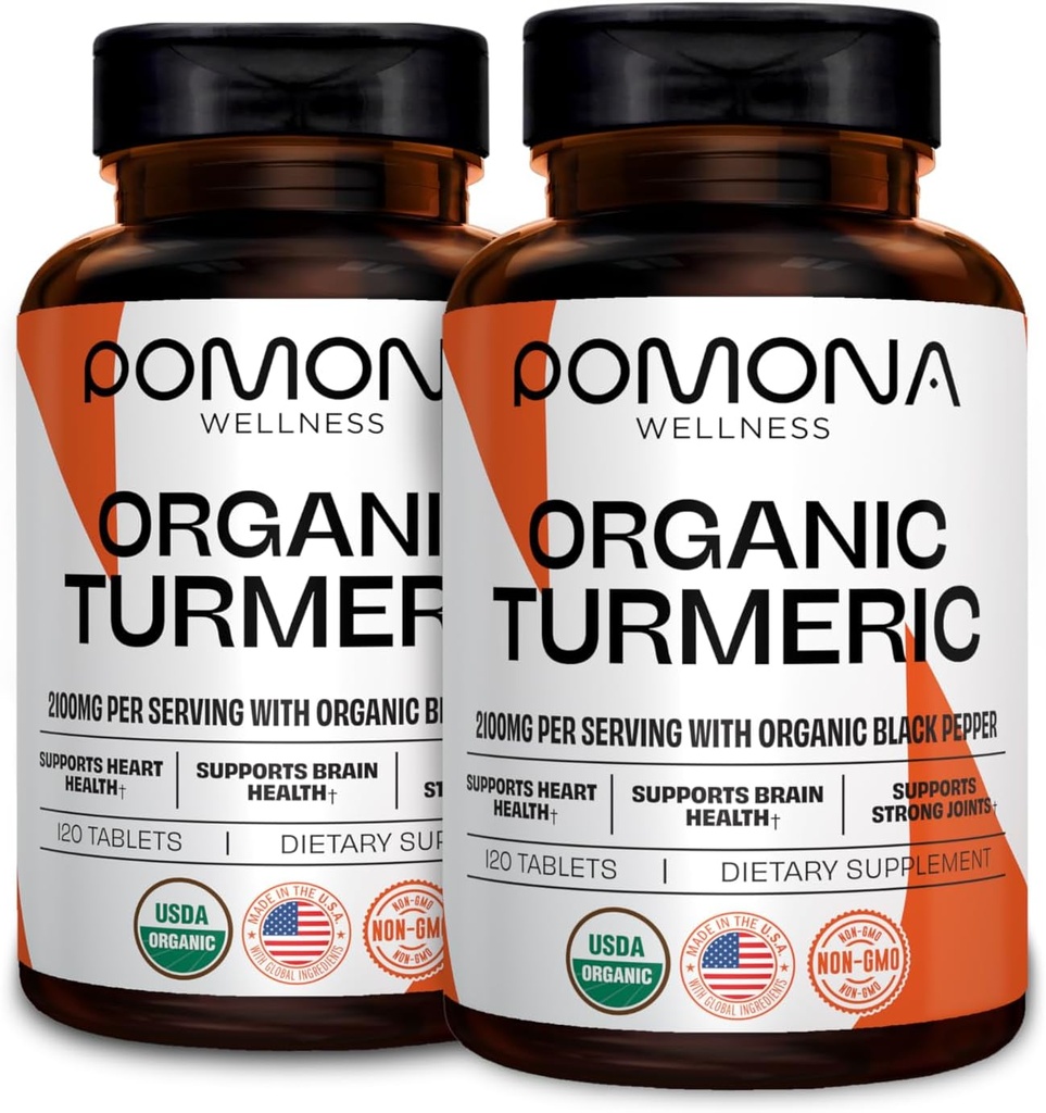 Pomona Wellness Organic Turmeric Supplement 2100 mg, USDA Organic, Non-GMO, Wegan, Kurkumina z czarnym pieprzem do absorpcji, do wspólnego wsparcia i odporności, 240 Tabletki (2 opakowania)