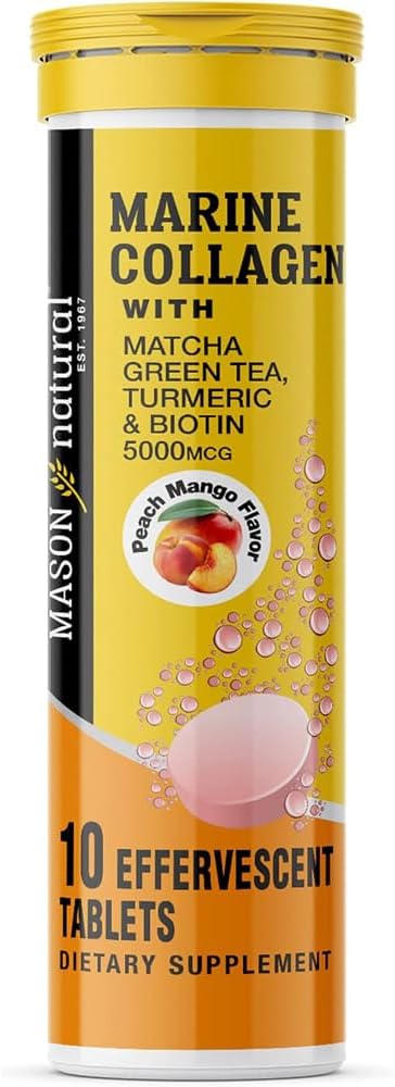 MASON NATURAL Marine Collagen z Matcha Green Tea, Turmeric i Biotin - Zdrowe włosy, Skóra i paznokcie i łączniki, Potężny przeciwutleniacz, 10 Tabletki musujące