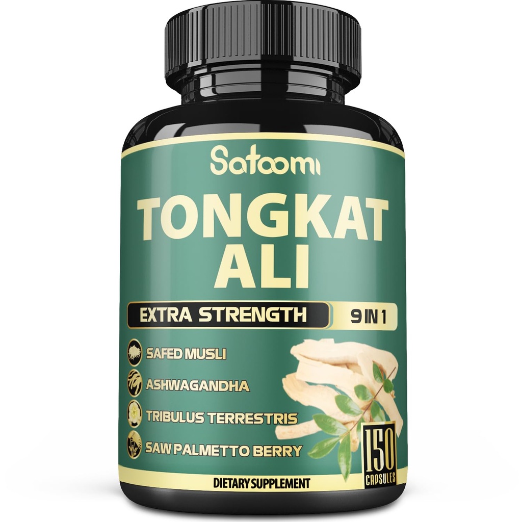 Satoomi 9in1 Tongkat Ali Root Extract 200: 1 - Ashwagandha, Tribulus Terrestris - 150 Kapsułek na 5 Miesiącach - Support Strength, Energy & Healthy Immune