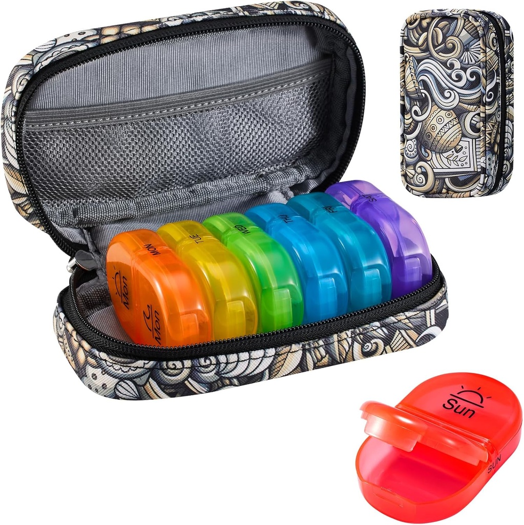 Serfeymi Cotygodniowy Travel Pill Organizator 2 razy w ciągu dnia PM Zmodernizowany Rainbow Pill Box 7 Dzień z przenośnym Zipper PU Leather Pill Case, Medicine Organizer for Pills, Witaminy, Oleje rybne - Brown 03