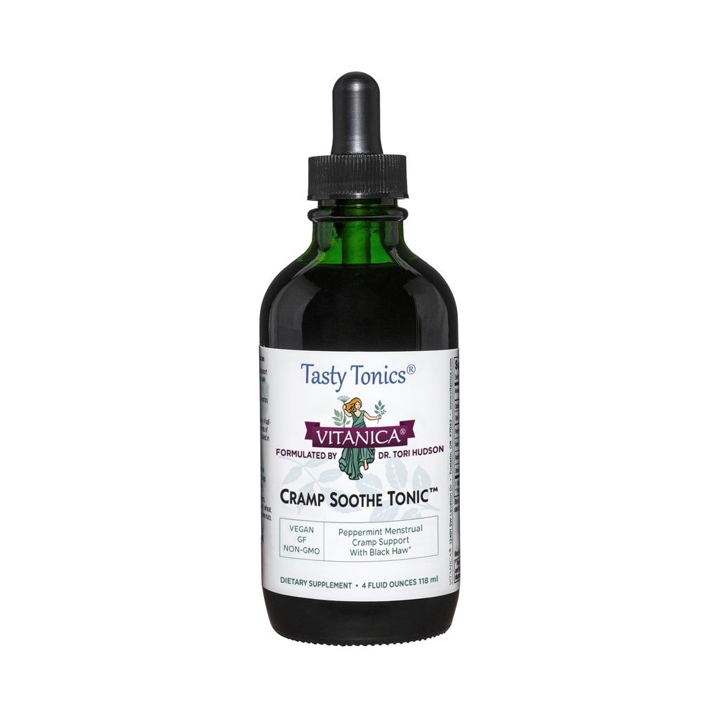Vitanica Cramp Soothe Tonic, Dr Spreparowane Menstrual Cramp Support, z Black Haw Bark, Valerian Root, Ginger Root i Garrya Herb, Alkohol Free, Wegan, 4 unce