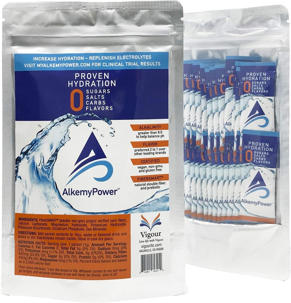 AlkemyPower ™ Hydration Electrolyte Powder, No Sugars, Salts, Carbs, Flavors or Calories, 100% Naturalny, Wygodne Stick Pack, 30 Count