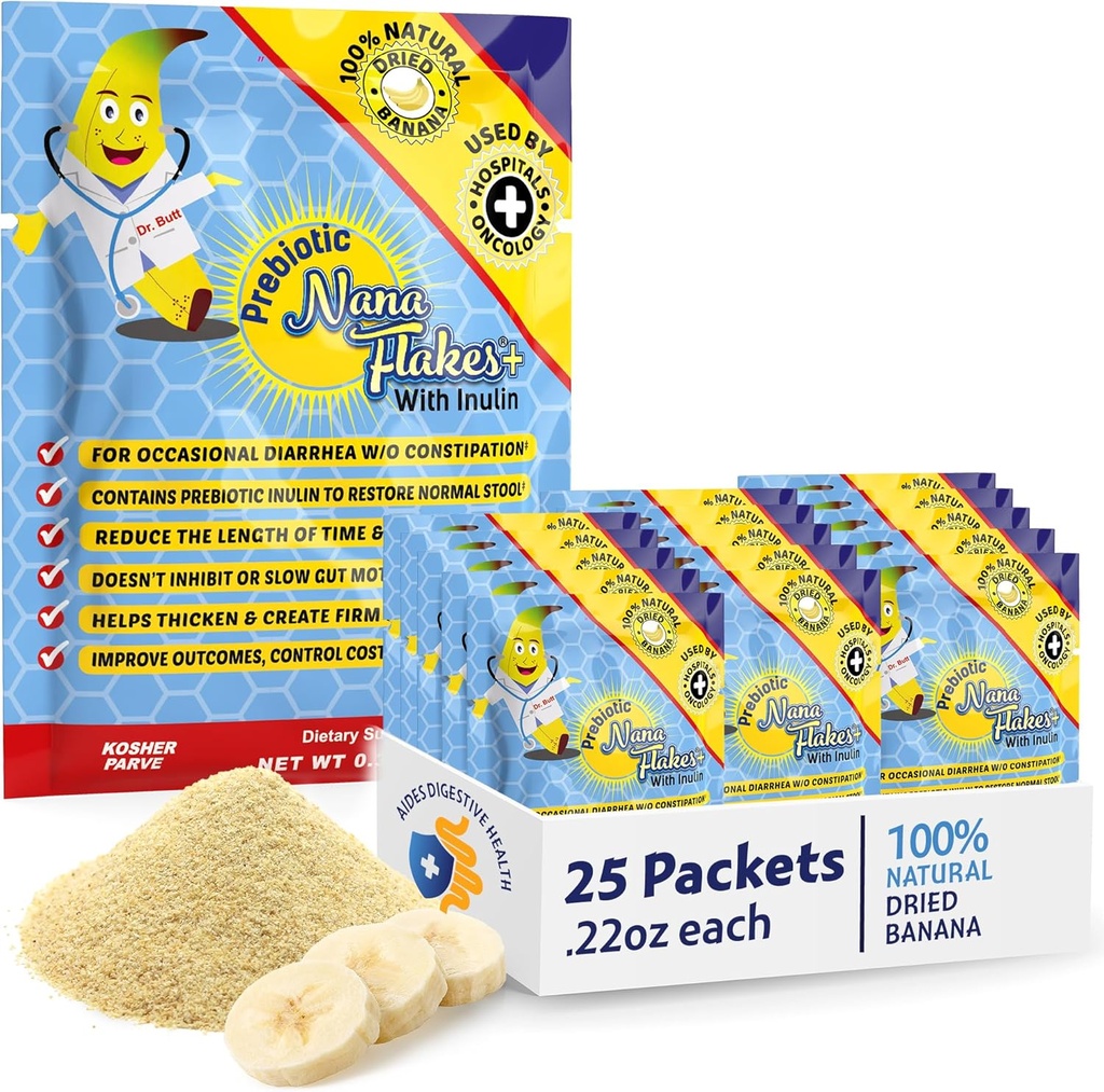 Nutritional Designs, Prebiotic Nana Flakes with Inulin, 100% Pure Banana Flakes, Wysoki poziom białka i włókna prebiotycznego, Digestive Wellness, dla dorosłych i dzieci 4 + (25 opakowań jednorazowych)