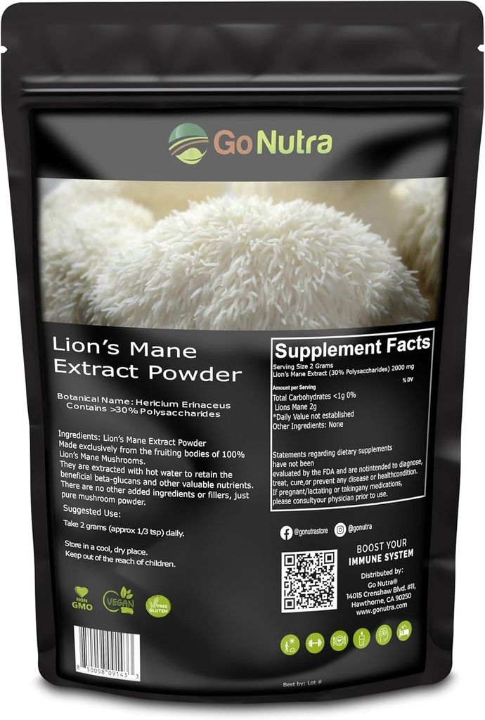 Go Nutra - Lion 's Mane Powder, Potent 10: 1 Lion' s Mane Mushroom Powder z 30% polisacharydów, Pure Lion 's Mane Extract for Tea, Juice, Water, and More, Non-GMO, Vegan, 8 oz