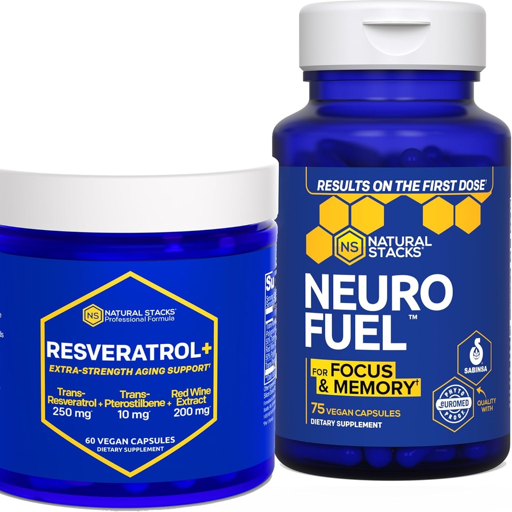 Stacks NATURAL NeuroFuel & Resveratrol + Suplement Pasek - Pomaga Focus, Pamięć i Zdrowy Mózg Starzenie * - 135 Kapsułki