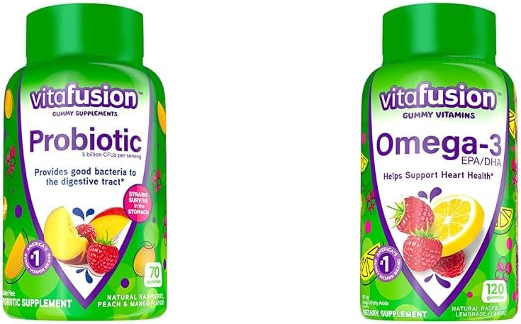 Witafuzja Probiotyczne Gumy Suplementy, Malina, Brzoskwinia i Mango Flavors & Omega-3 Gummy Witaminy, Berry Lemonade Flavored, Serce Zdrowie Witaminy (1) z Omega