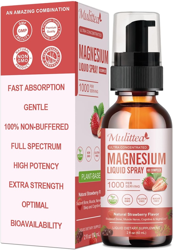Magnezu Glicynian ciecz Spray z cytryną, tlenek i jabłczan, Magnez z całą witaminą, L- Theanina, D3K2, B6 dla serca, Kurcze nóg, Mięśnie i Sugar- Bez truskawek Flavor, 2 Fl Oz