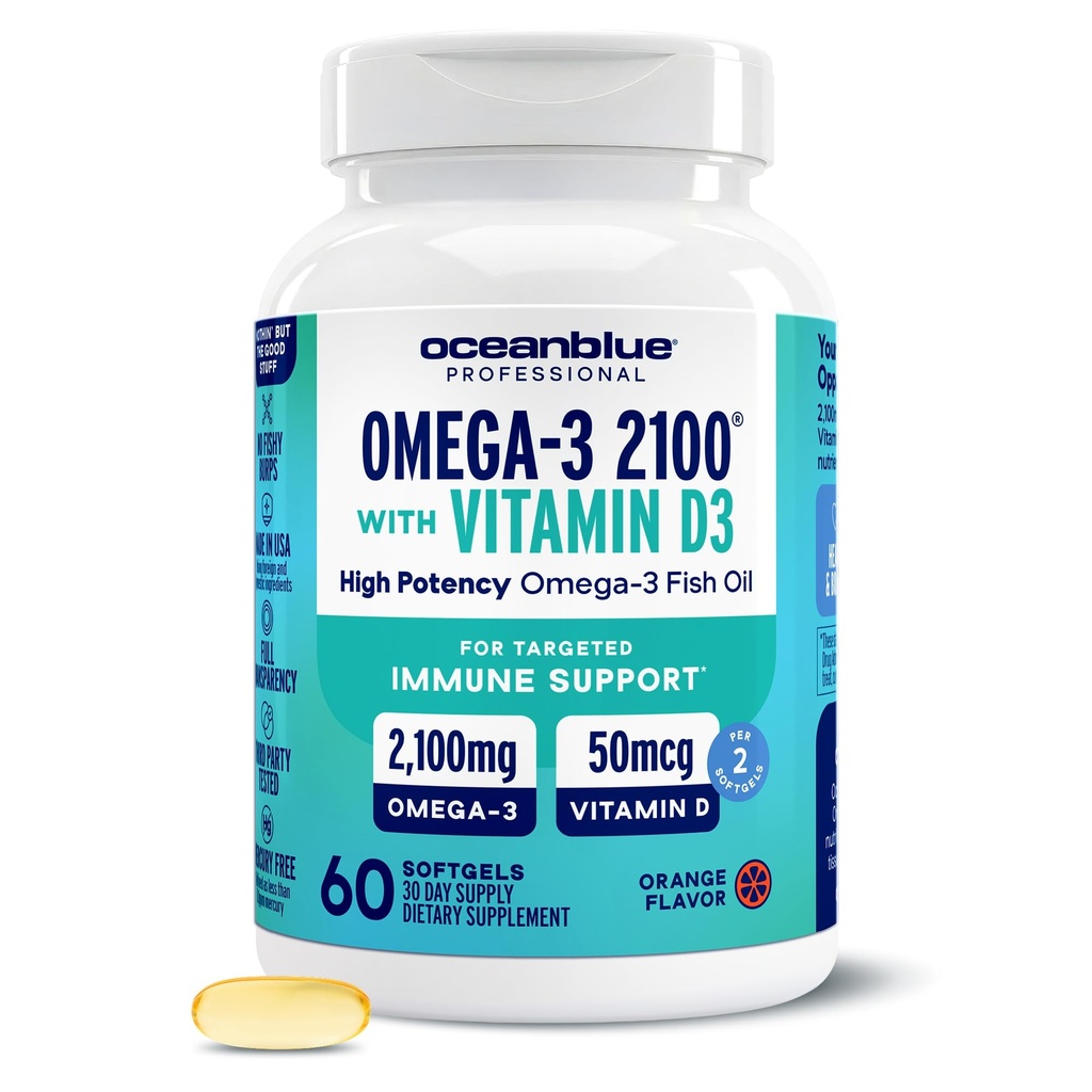 Oceanblue Professional Omega-3 2100 z witaminą D3 - 60 ct - Triple Strength Burpless Fish Oil Supplement z wysoką potencją EPA, DHA, DPA i witaminą D3 - Wild- Caught - Orange Flavor (30 Servings)