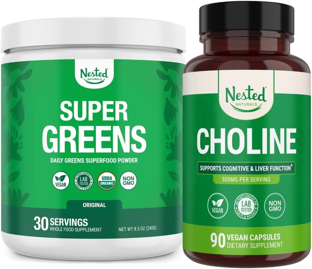 Nested Naturals Super Zieloni & Cholina Bundle 124; Superfood Proszek z Probiotyki & Fiber & Choline Bitartrate dla funkcji kognitywnych i czystej energii