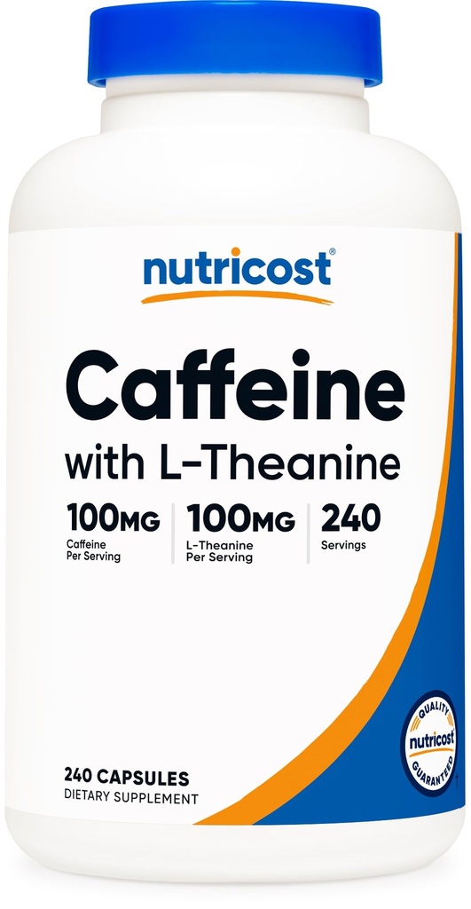Nutricost Kofeina z L- Theanine, 100 mg każdego, 240 Kapsułki, 240 Słupki - Non-GMO i Gluten Free