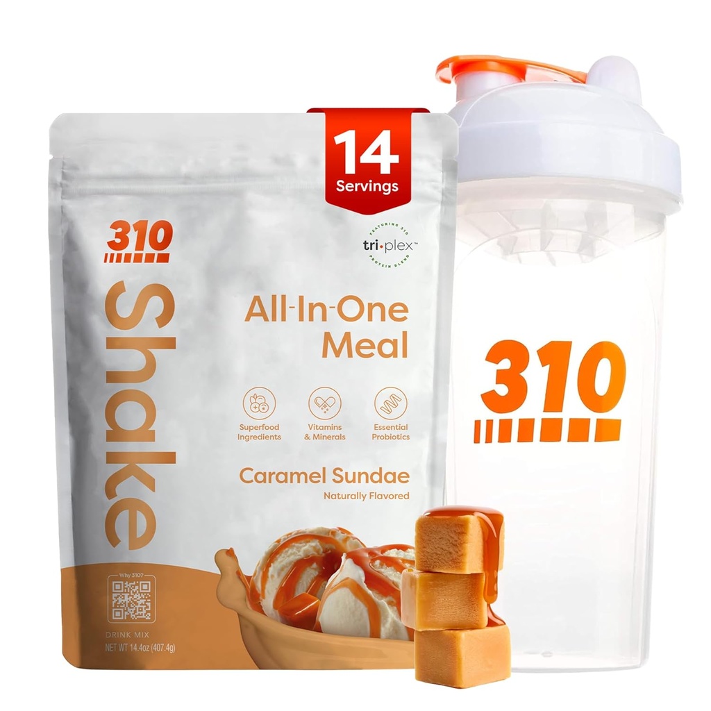 310 Nutrition All- in- One Meal Replacement Shake Powder w / Shaker Cup Starter Kit - Wysokie białko włókniste bogaty Wegan Superfood Mieszanka - Cugar Free, Keto & Paleo Friendly, Low Carb - Karmel Sundae 14 srv