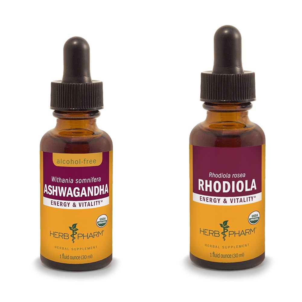 Herb Pharm Ashwagandha & Rhodiola Root Extracts for Energy, Vitality, Endurance & Stamina, Alkohol wolny od alkoholu Glycerite & Organic Cane Alkohol, 1 Oz Każdy