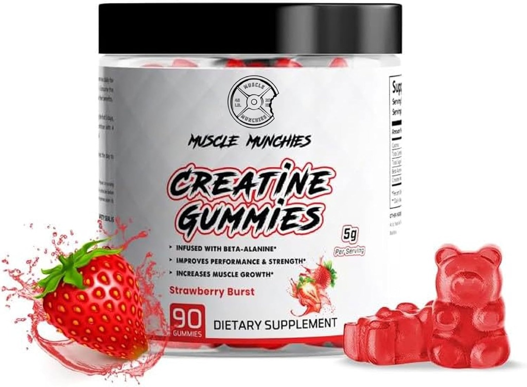 Mięśnie Munchies Twórcze żucia gumki dla mężczyzn i kobiet - Infused z Beta Alanine- 5g kreatury na służbę - Zwiększa siłę, Endurance, & Recovery- Vegan, NonGMO (Truskawki Burst)
