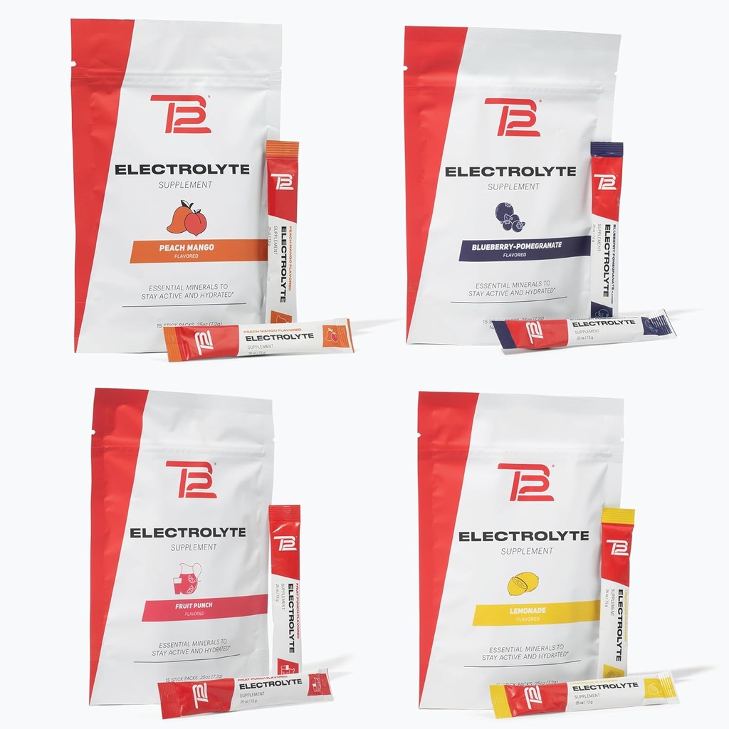 TB12 Proszek elektrolitowy do szybkiego nawodnienia przez Toma Brady 'ego, 4- Pack Stickpack (Lemoniada, Granat jagodowy, Punch owocowy i Peach Mango), Naturalny, Łatwy do wymieszania. Niski cukier, Niskie kalorie (60 Sług)