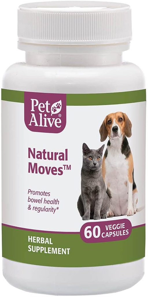 PetAlive Natural Moves - Wszystkie naturalne Herbal Supplement Promotes Bowel Health and Regularity in Cats and Dogs - 60 Veggie Caps