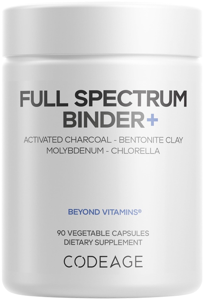 Codeage Binder + Systemic Binder Supplement - Aktywowane Pigułki Węglowe, Bentonit Clay Proszek mineralny, Kwasy Fulvic & Humic, Molibden, Formularze węgla - 90 Kapsułki