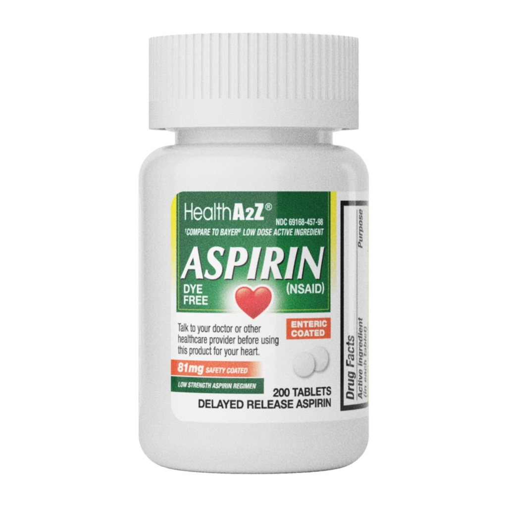 HealthA2Z ® Aspiryna 81 mg XI124; DYE Free XI124; Niska moc XI124; 200 Counts XIX124; Ulga bólowa XIX124; Redukcja drobnych achów Ból mięśni & skurcze 124; Redukcja gorączki XIX124; Redukcja bólu głowy 124; (NLPZ)