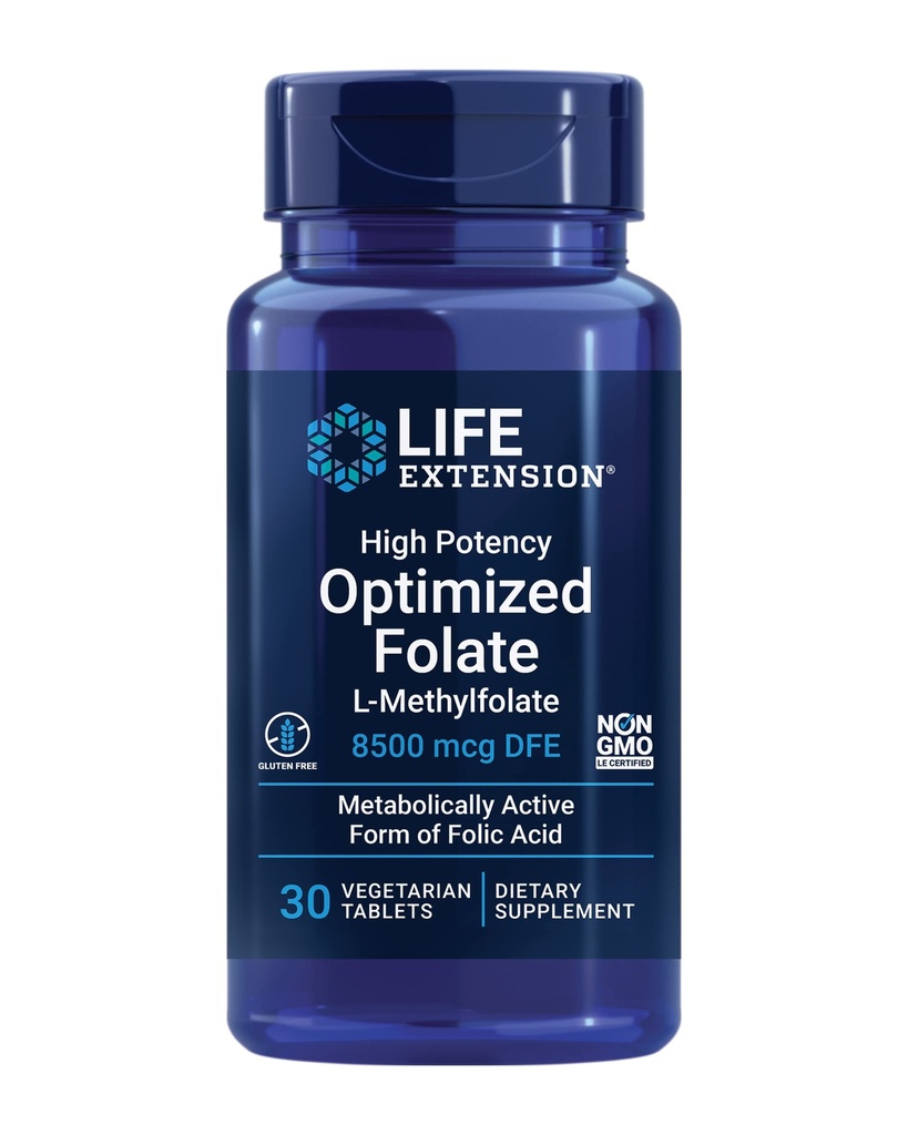 Life Extension High Potency Zoptymalizowany folian - L- metylofolian - Kwas foliowy, 8500 µg DFE - Heart & Brain Support, Zdrowe Homocysteiny Poziomy - Bezglutenowy, Non-GMO, Wegetarianin - 30 Tabletki