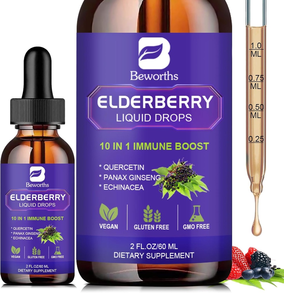 Syrop z bzu czarnego z Quercetin, Panax Ginseng, Witamina C i Cynk, Sambucus Elderberry Syrop Płynny, Wegan, Non-GMO i Gluten Free