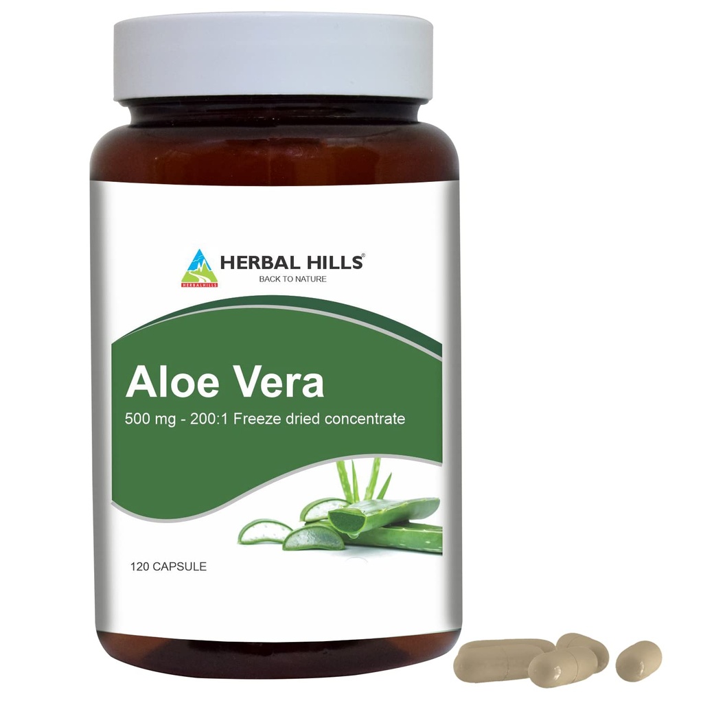 HERBAL HILLS Aloe Vera Kapsułki (Aloe barbadensis) 124; 120 Kapsułek (500 mg) 124; Pure Aloe Freeze Suchy Proszek Suplement, Wysokie stężenie, Wspiera ogólne Well-Being