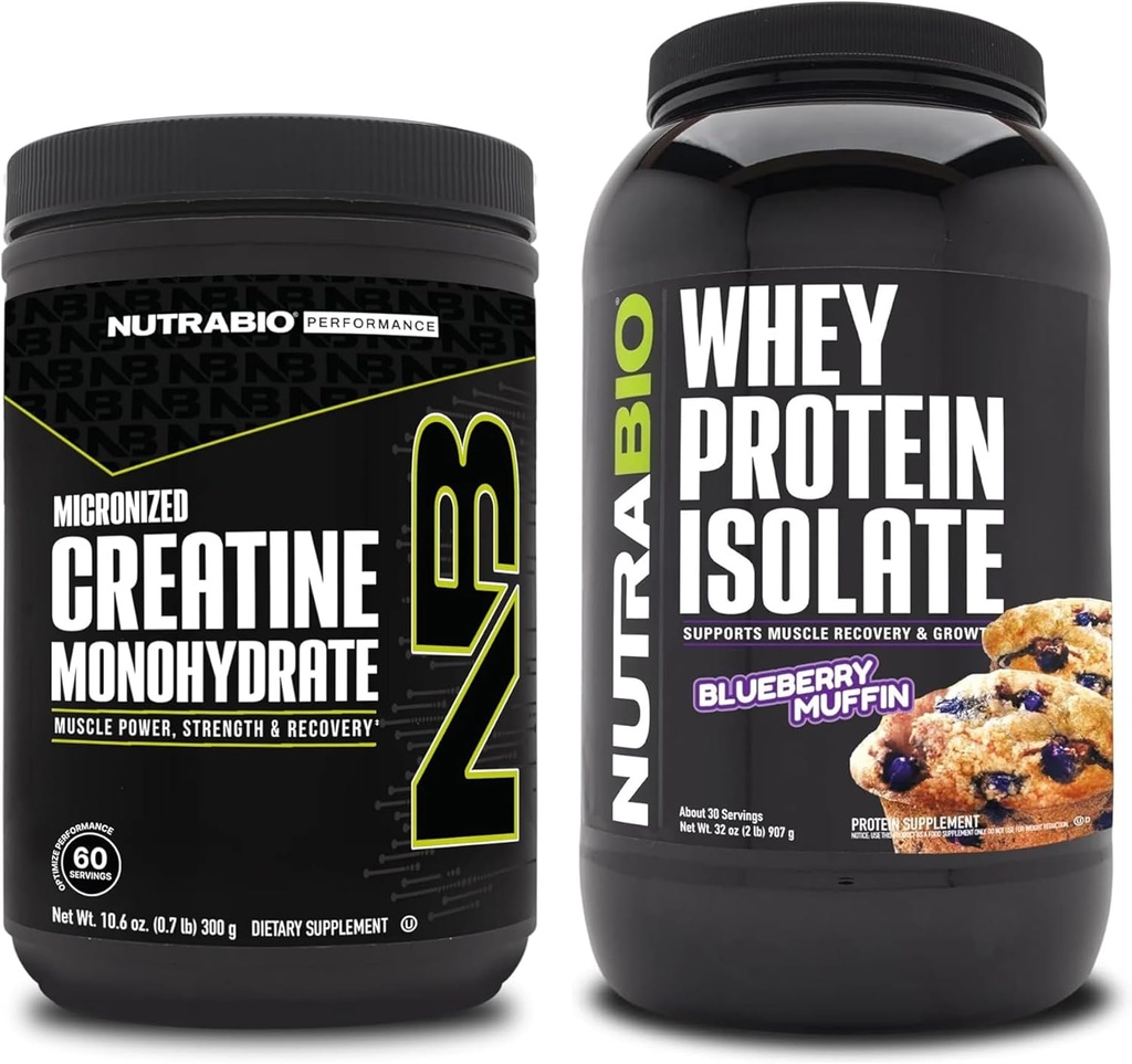 Monowodzian NutraBio Creatine, Izolat nieflaworyczny, 300g i białko serwatki, Muffinka jagodowa, Suplement Bundle - Energia mięśniowa, Lean Muscle Growth, Odzysk i Siła