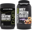 Monowodzian NutraBio Creatine, Izolat nieflaworyczny, 300g i białko serwatki, Muffinka jagodowa, Suplement Bundle - Energia mięśniowa, Lean Muscle Growth, Odzysk i Siła