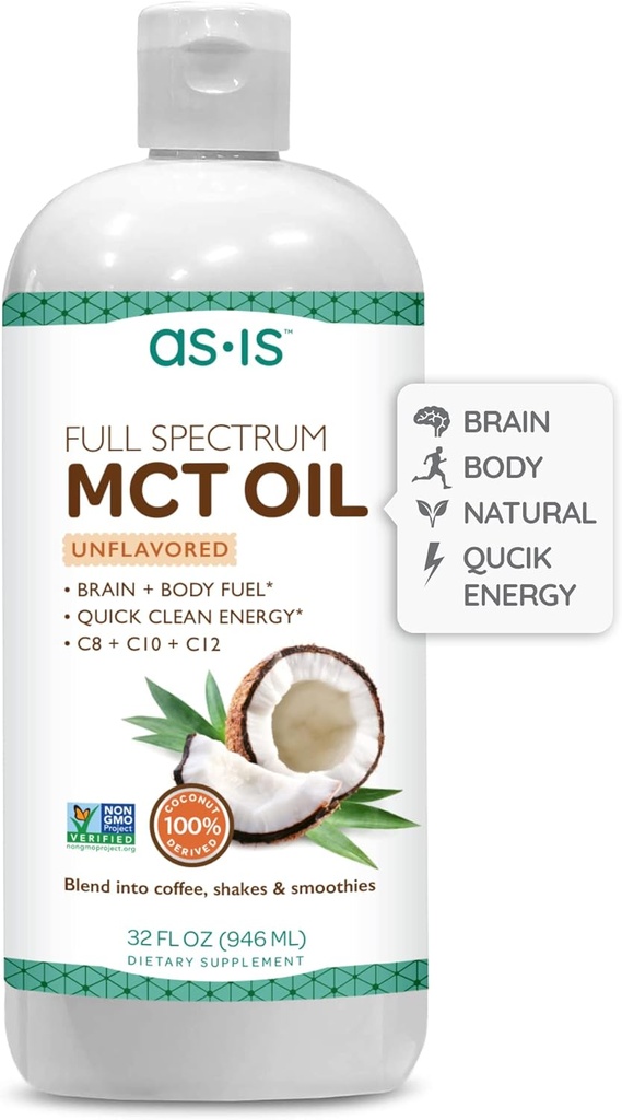 AS- IS Simply Full Spectrum MCT Oil C8, C10 & C12 XI124; Unflavored XI124; 100% z Non-GMO Coconuts XI124; Perfect for Morning Coffee XI124; Quick Clean Energy XI124; 32 fl oz (63 Servings)