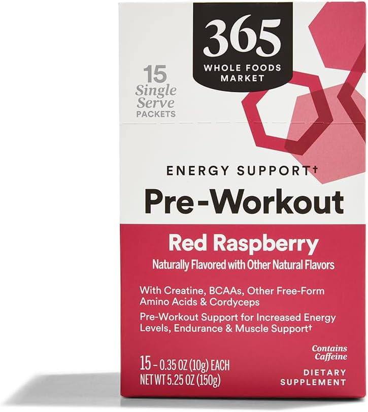 365 by Whole Foods Market, Pre- Workout Wsparcie energetyczne z kofeiną, Single- Serve Pakiety, Red Malina, 15 Count