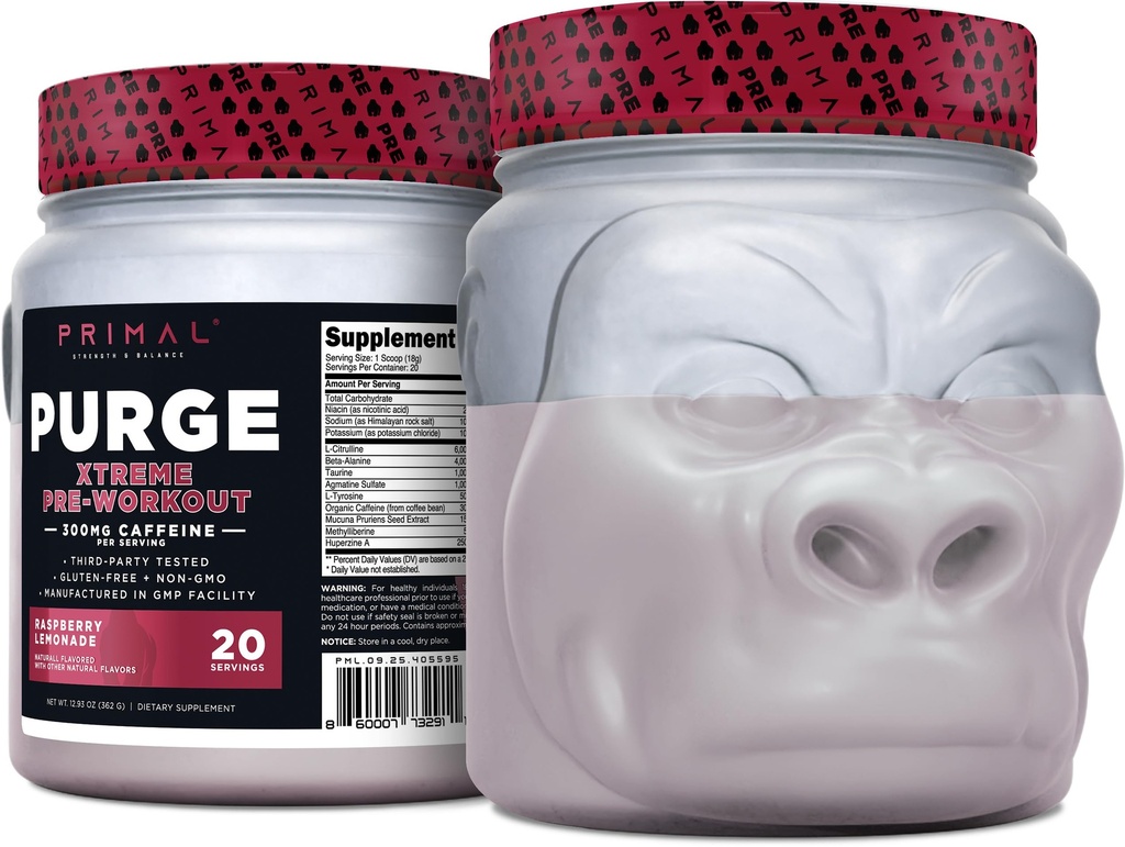 Primal Purge Xtreme Pre- Trening (Malina Lemoniada Flavor) (20 Służenia) - Gluten- Free + Non-GMO