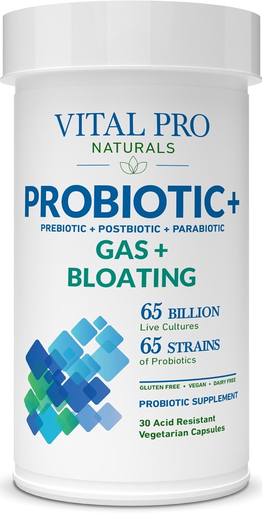 Vital Pro Naturals - Probiotyki gazowe i Bloating + Prebiotyki, Postbiotyki, Parabiotyki, 4-in-1 Suplement do Zdrowia dla Dorośli, Wysoka potencja, 65 Szczepów, Raz Daily Digestive i immunologiczne Wsparcie, 30 zw