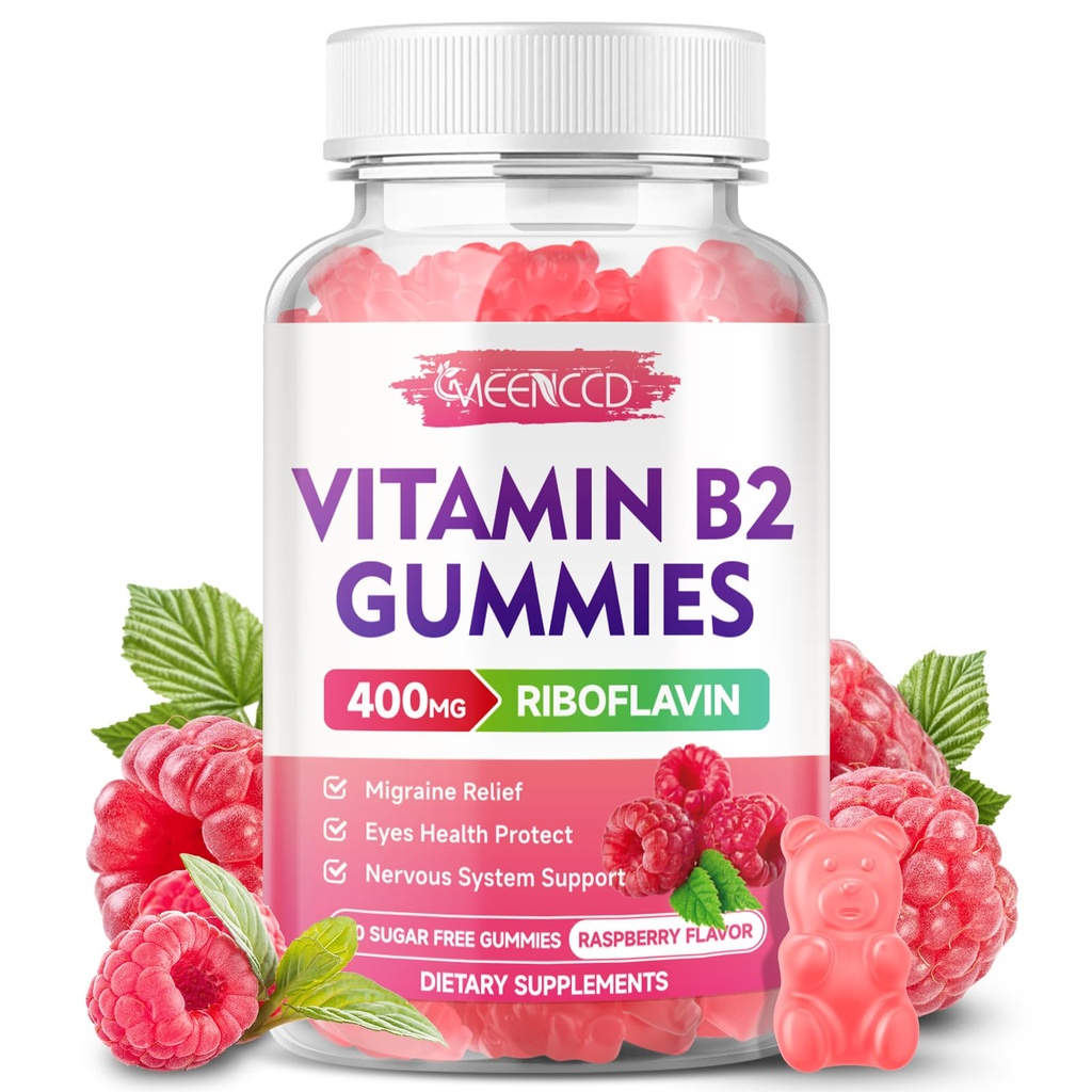 Witamina B2 Gummies Riboflavin 400mg Suplement z magnezu dla dzieci i dorosłych, B2 Gummies dla Migrena Relief & Wsparcie układu nerwowego, Wegan, Cukier wolny, Malina Flavor, 60 Hrabia
