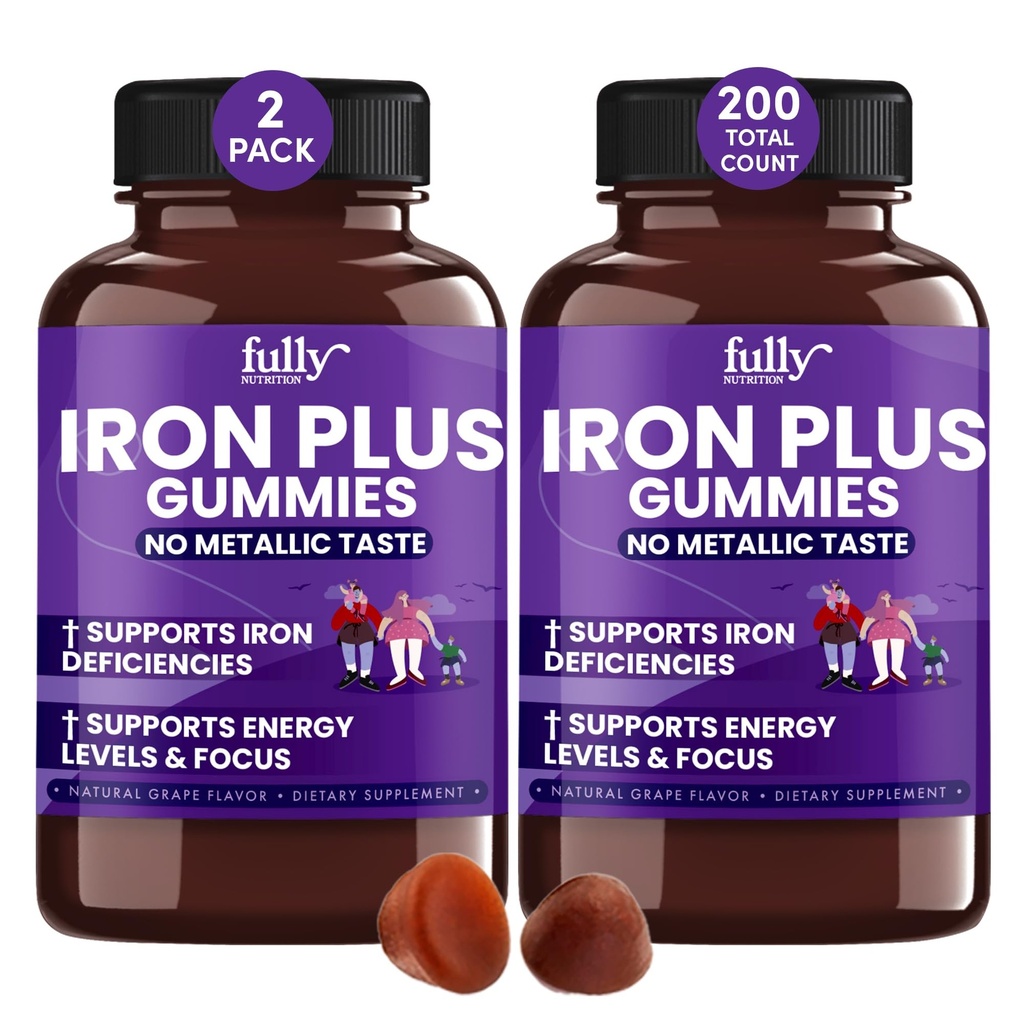 Żelazne gumki Suplementy dla dorosłych (Kobiety, Mężczyźni) i dzieci - Grape Flavor- Wspiera anemię, Energia i Focus Poziomy - 200