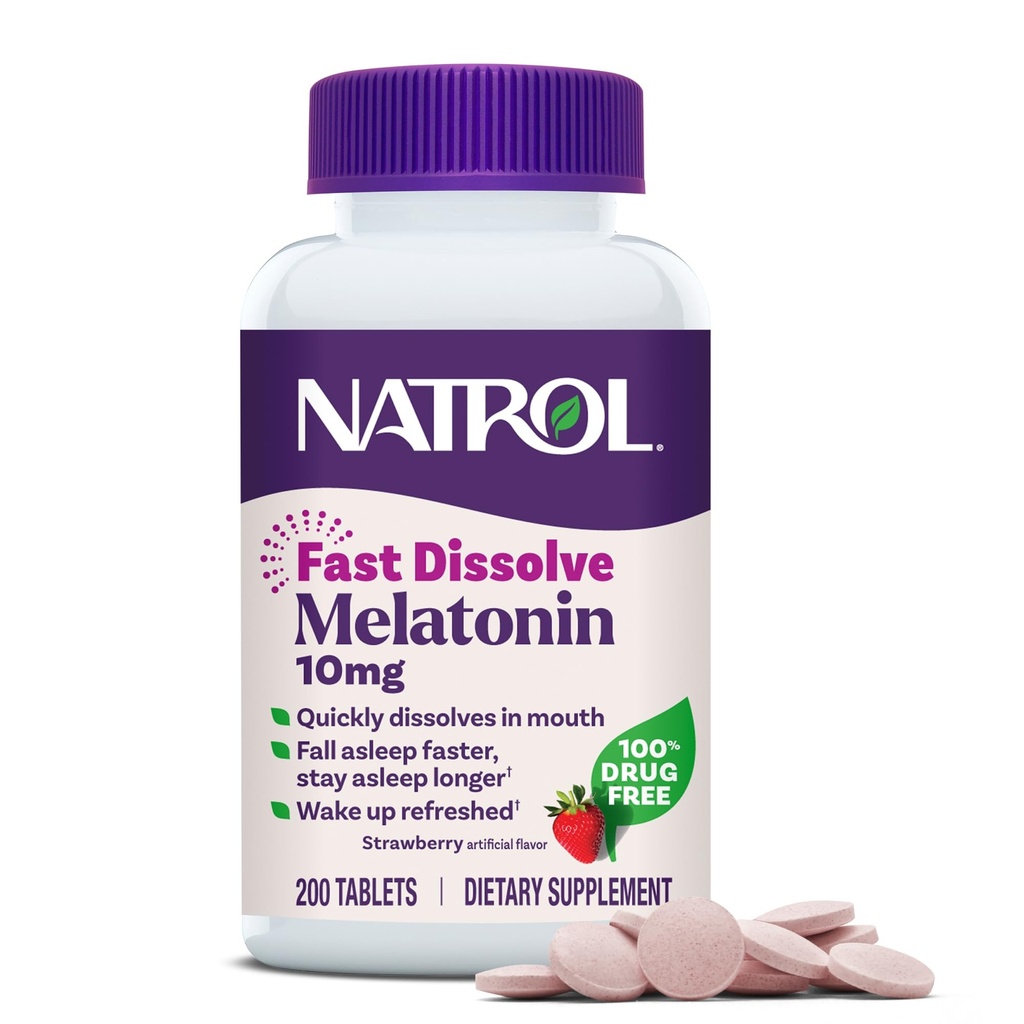 Natrol Melatonina 10mg Szybko Rozpuścić tabletki - Truskawki Flavor, 200 Hrabia, Wsparcie snu, Szybko Rozpuścić Melatonina dla dorosłych, 200- Day Supply