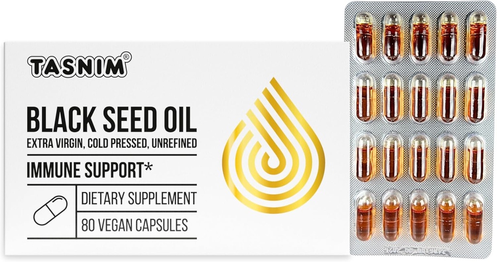 Tasnim Black Seed Oil Organic Cold Pressed kapsułki 100% Czysty Cold- Pressed Black Cumin Nasienie Nigella Sativa dla wsparcia immunologicznego, Joint Comfort i witalność