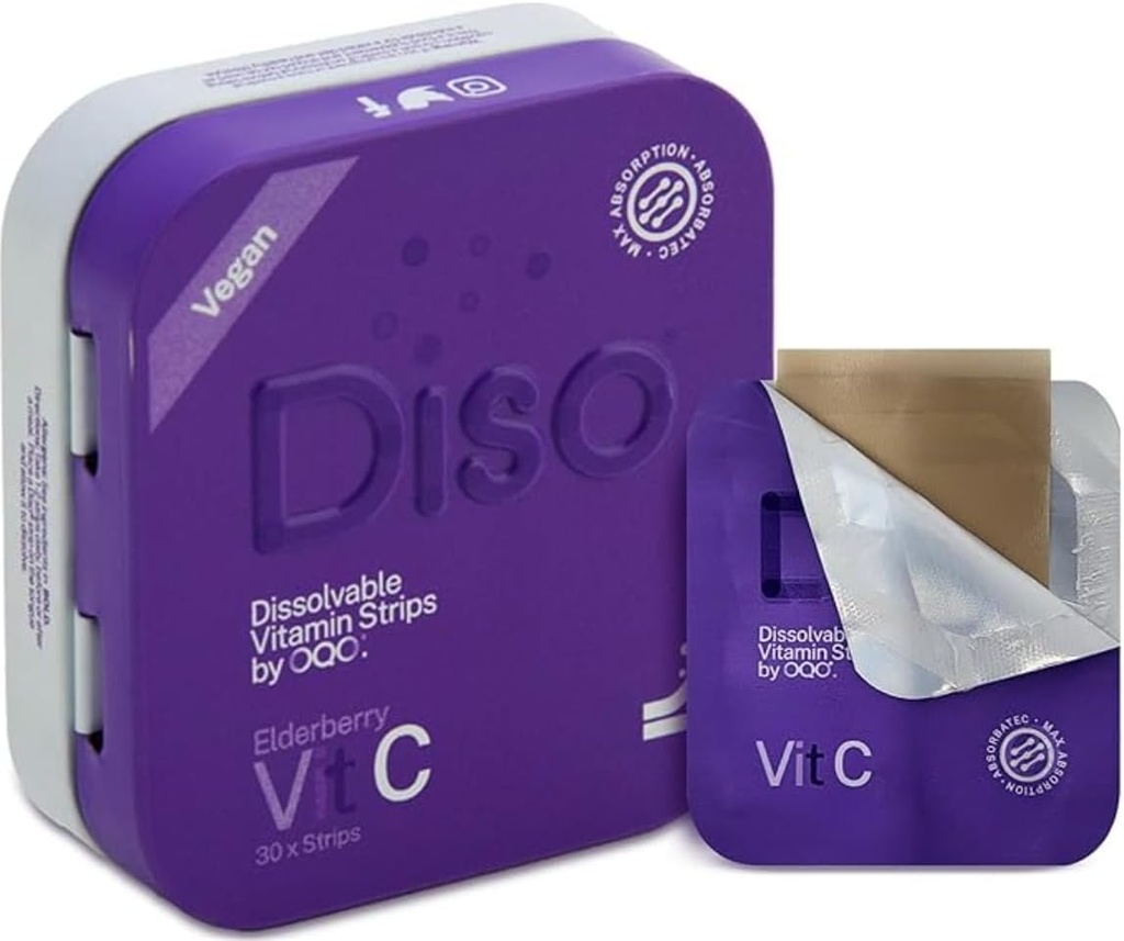 DISO - Witamina C - Szybkie rozpuszczanie paski doustne, Elderberry Flavor, Wzmacnia odporność, Wegan, Cukier zerowy, Maksymalna absorpcja, Bez glutenu, Indywidualnie zapakowane, 30 Rozpuszczalne paski