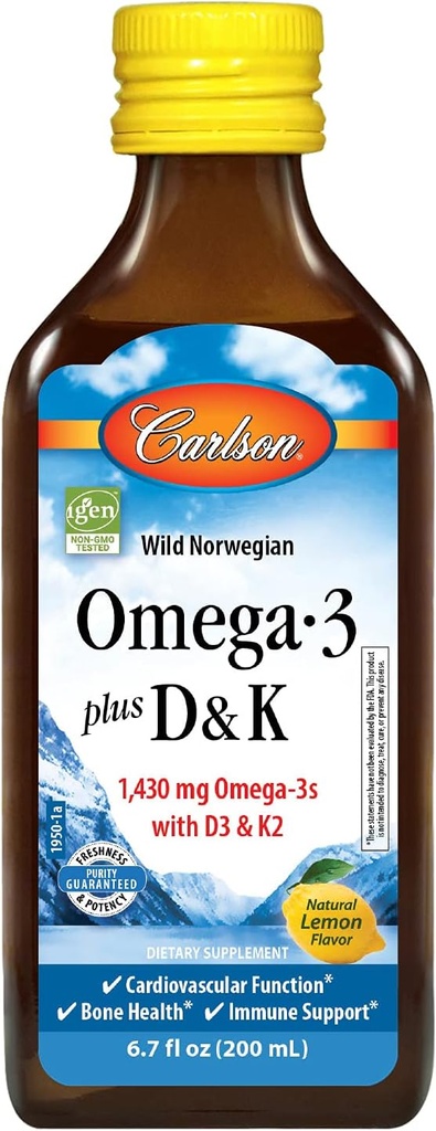 Carlson - Omega-3 + D & K, 1430 mg omega- 3, 2000 j.m. (50 µg) D3, 90 µg K2 jako MK- 7, Heart Health, Bone Support, Lemon, 200 ml