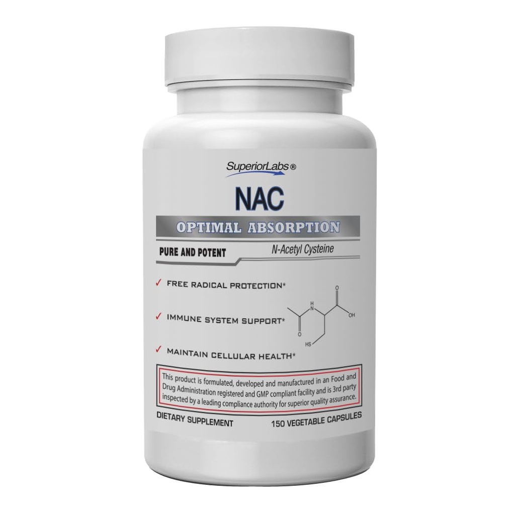 Superior Labs NAC (N- Acetyl Cysteine) 1,200mg, 150 Kapsułki roślinne, Suplement diety z Selenium, Darmowa ochrona radykalna, Normalne funkcje układu immunologicznego, Zachowanie zdrowia komórkowego