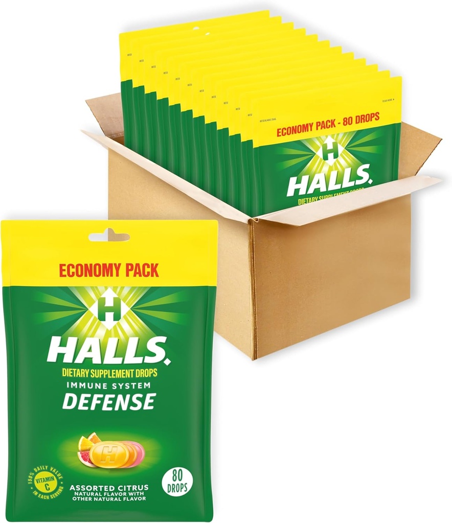 HALLS Defense Assorted Citrus Vitamin C Drops, Dietary Supplement Drops, Economy Pack, 12 Bags (960 Total Drops)