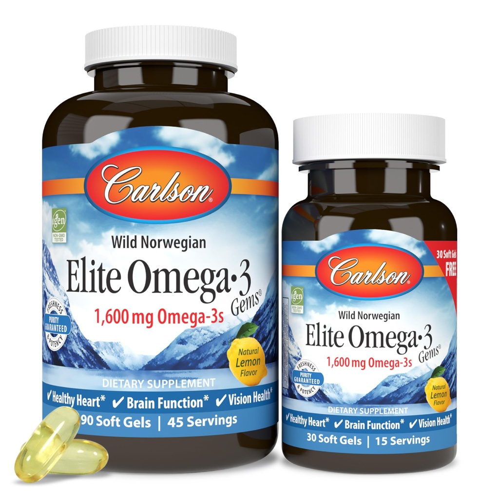 Carlson - Elite Omega-3 Gems,1600 mg Omega-3 Fatty Acids Including EPA and DHA,Norwegian, Wild-Caught fish oil Supplement,Sustainably Sourced Capsules, Lemon, 90+30 Softgels
