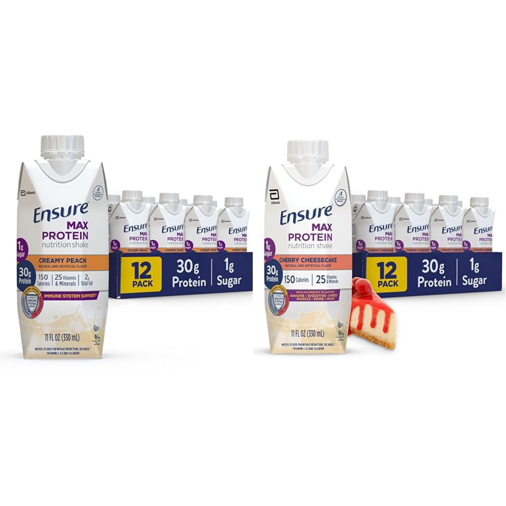 Upewnij się, że Max Protein Nutrition Shake z 30g białka, 1 g cukru, wysokiej zawartości białka Shake, brzoskwinia kremowa i sernik wiśniowy Pack Variety, 11 fl oz, Opakowanie po 12